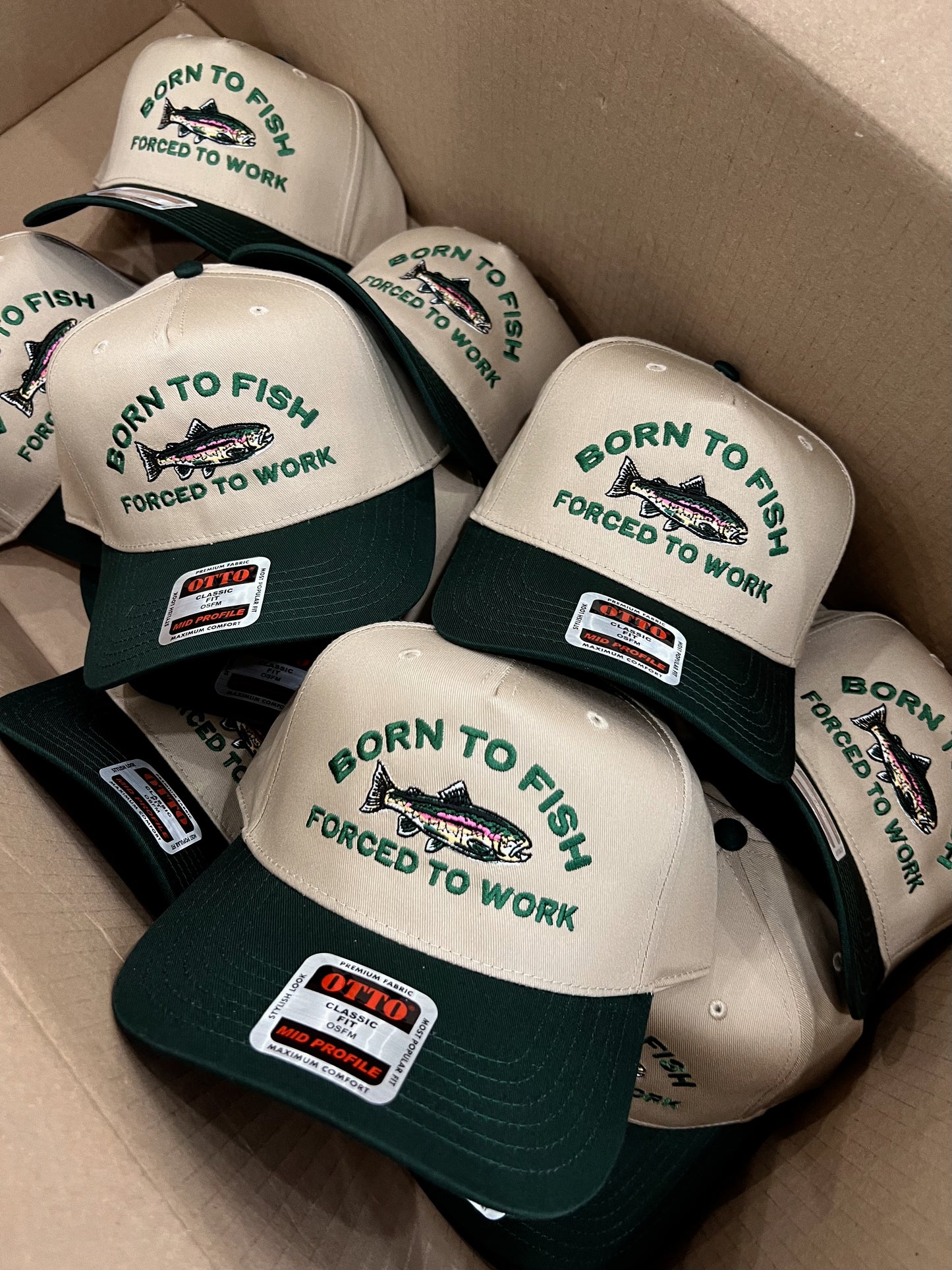 Born To Fish Forced To Work Dark Green/Khaki Embroidered Hat