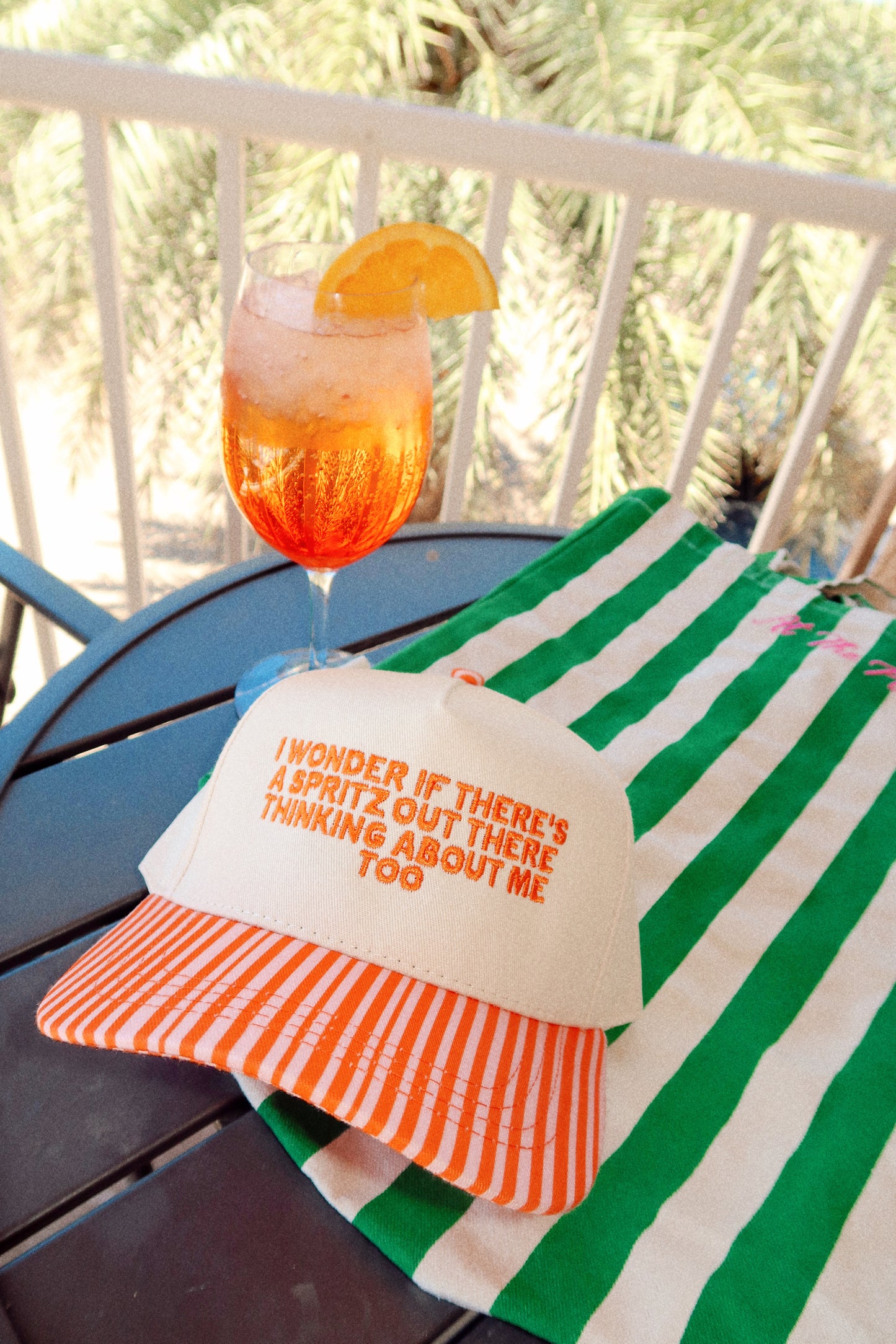 I Wonder If There's A Spritz Out There Thinking About Me Too Hat Orange Striped Bill Embroidered Hat