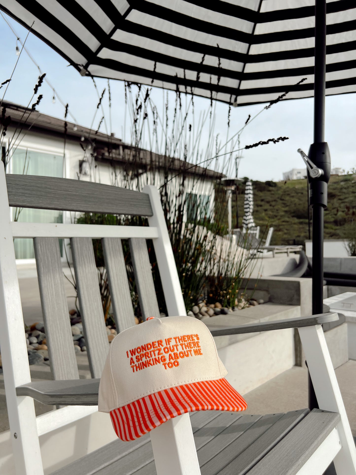 I Wonder If There's A Spritz Out There Thinking About Me Too Hat Orange Striped Bill Embroidered Hat