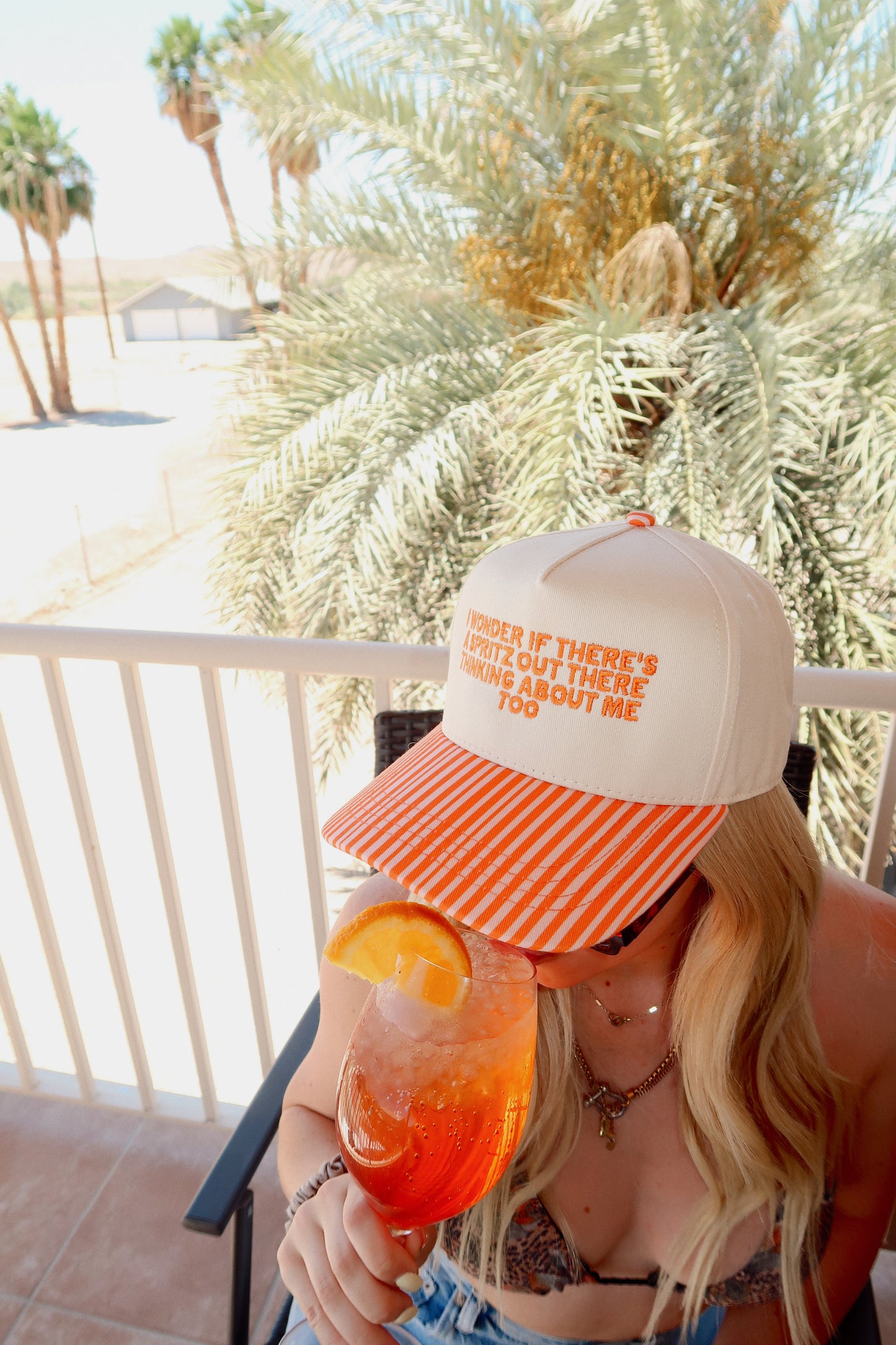 I Wonder If There's A Spritz Out There Thinking About Me Too Hat Orange Striped Bill Embroidered Hat