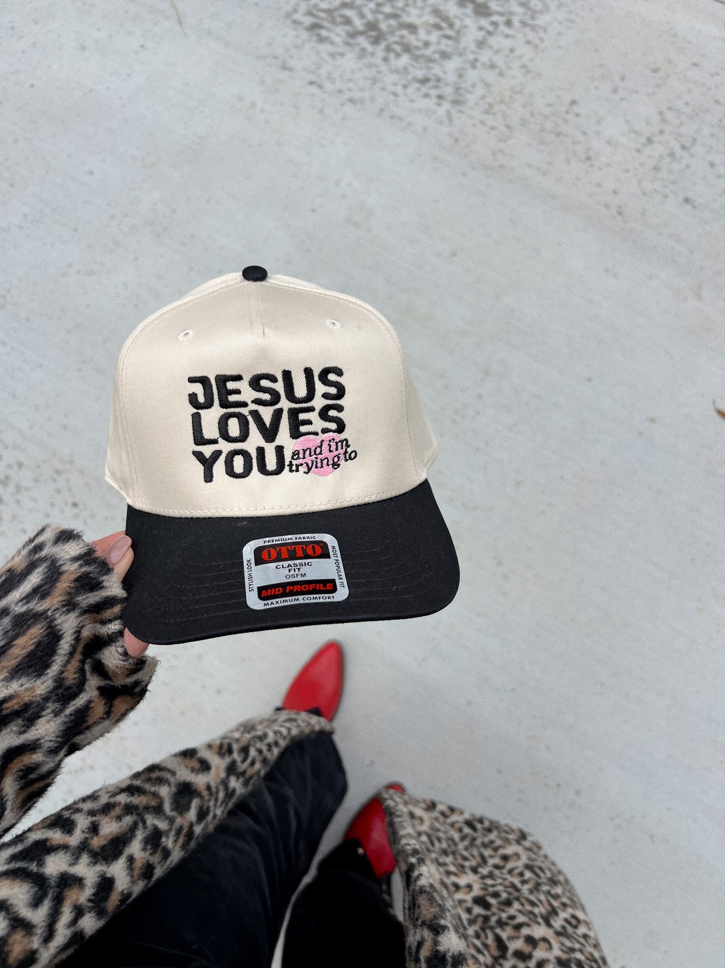 Jesus Loves You And I'm Trying To Black/Natural Embroidered Hat