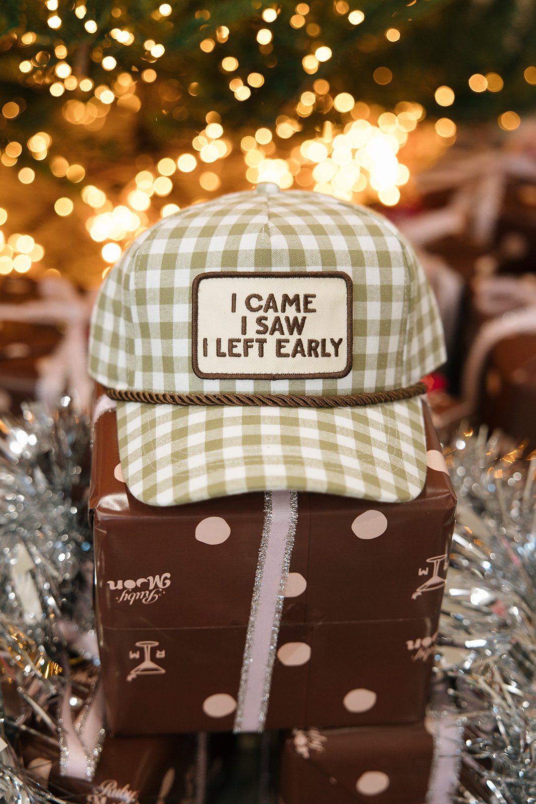 I Came I Saw I Left Early Gingham Patch Hat