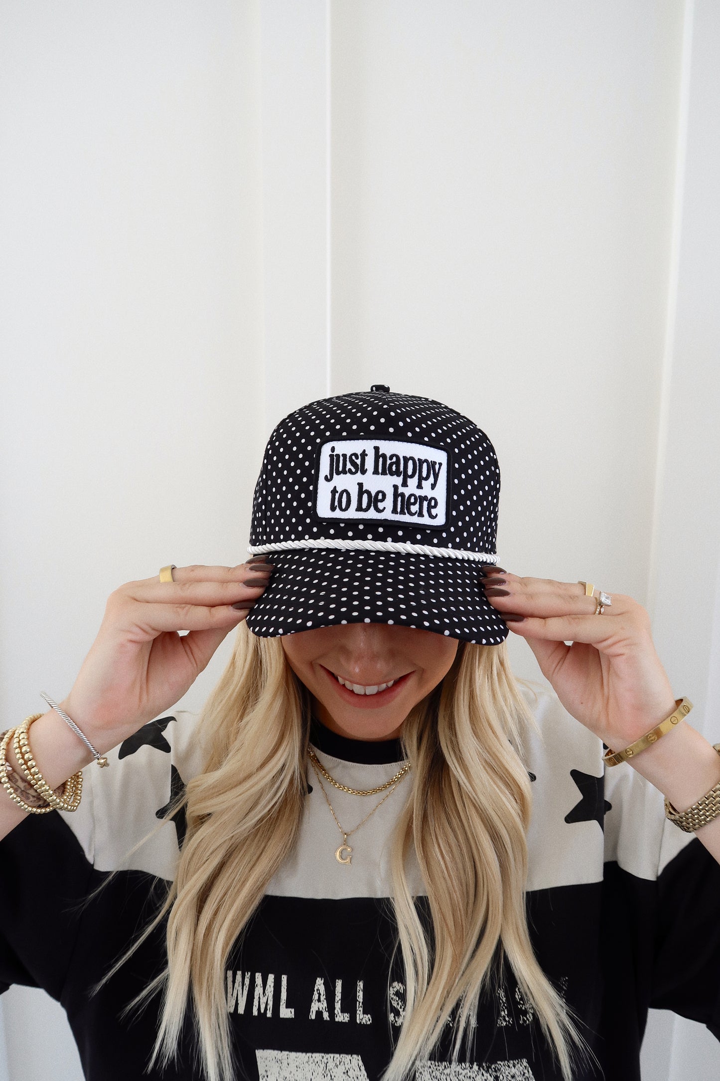 Just Happy To Be Here Black & White Polka Dot Patch Hat