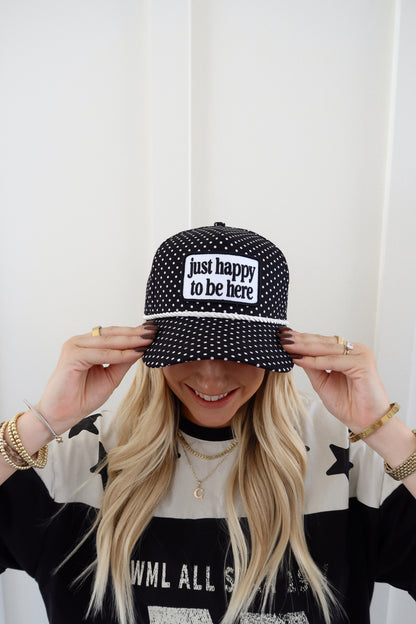 Just Happy To Be Here Black & White Polka Dot Patch Hat