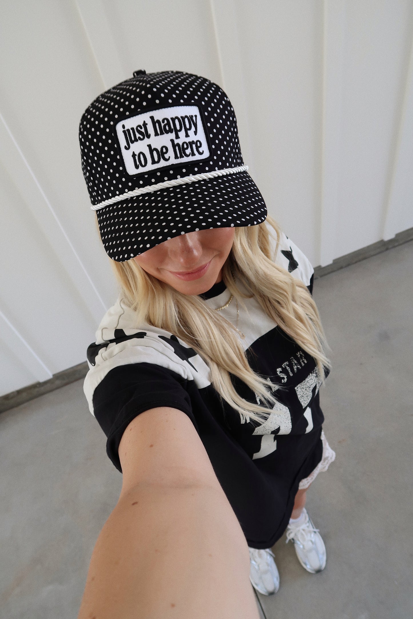 Just Happy To Be Here Black & White Polka Dot Patch Hat