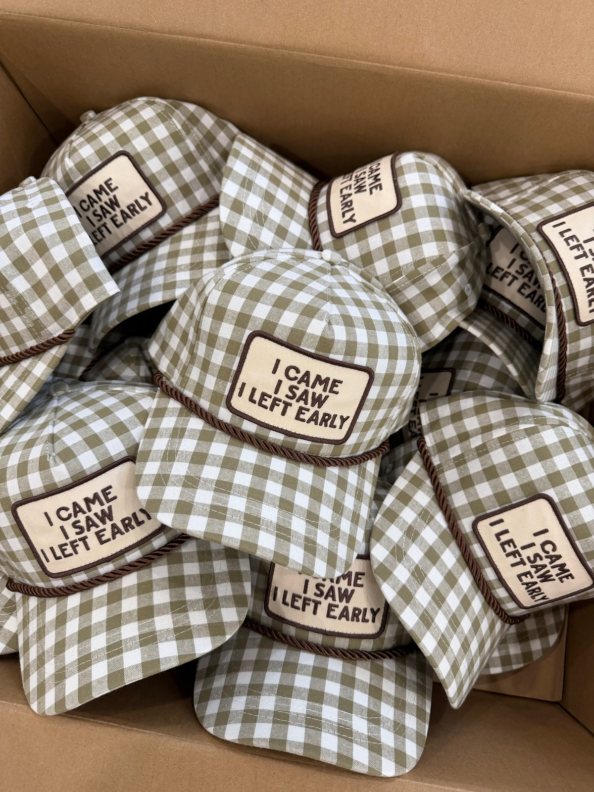 I Came I Saw I Left Early Gingham Patch Hat
