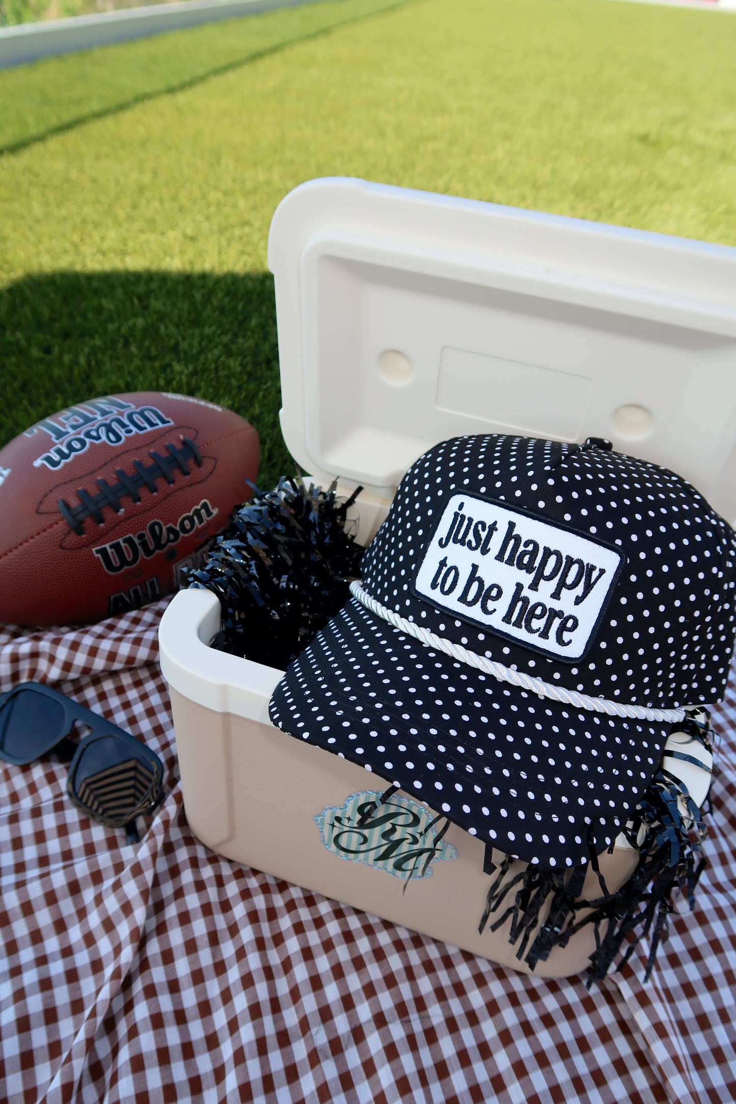 Just Happy To Be Here Black & White Polka Dot Patch Hat
