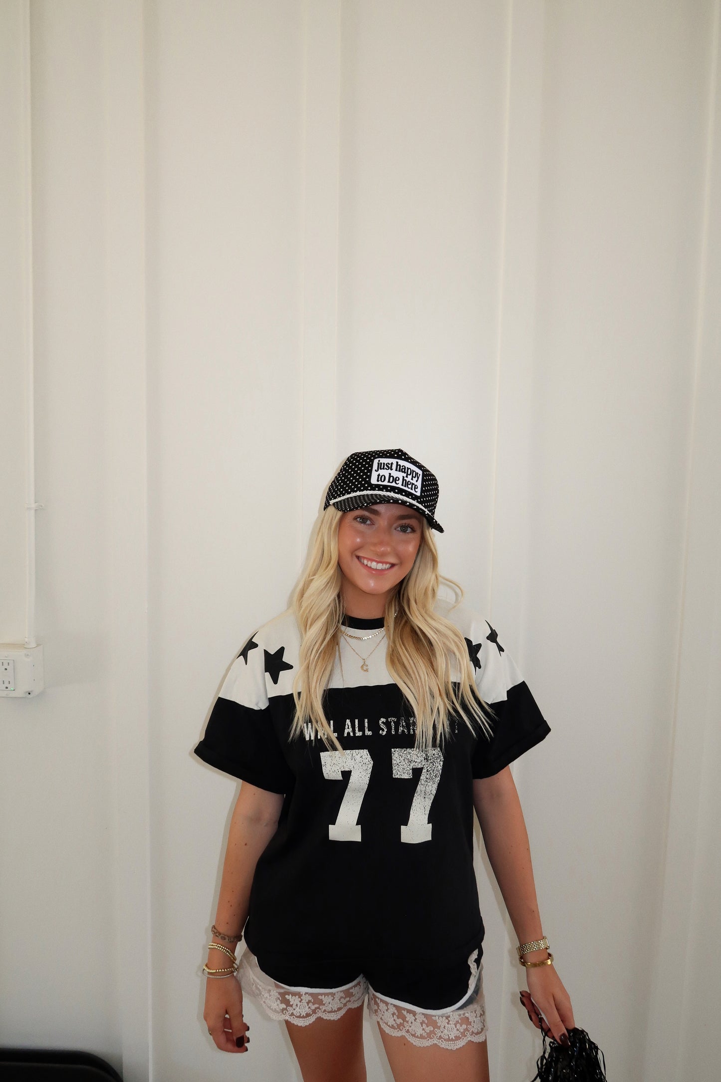 Just Happy To Be Here Black & White Polka Dot Patch Hat