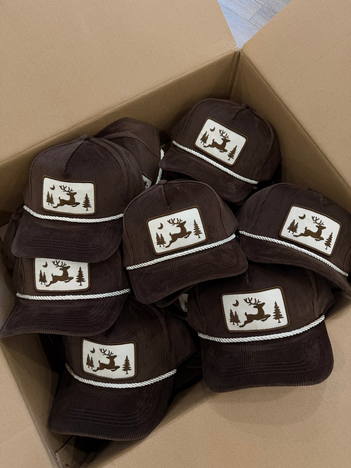 Brown Corduroy Reindeer Patch Hat