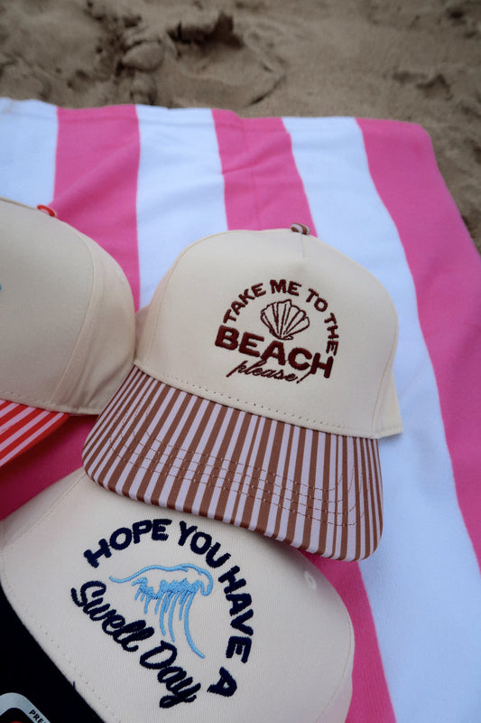 Take Me To The Beach Please Brown Striped Hat