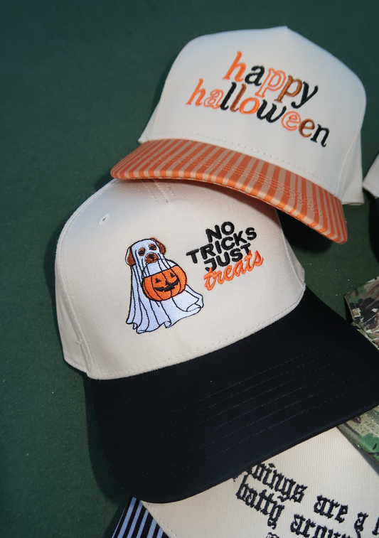 No Tricks Just Treats Dog Embroidered Hat Black/Natural