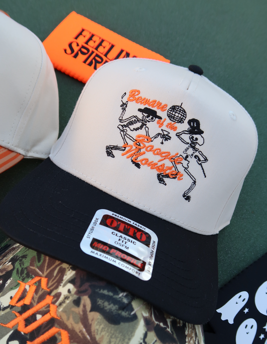 Beware Of The Boogie Monster Dancing Skeleton Embroidered Hat Black/Natural