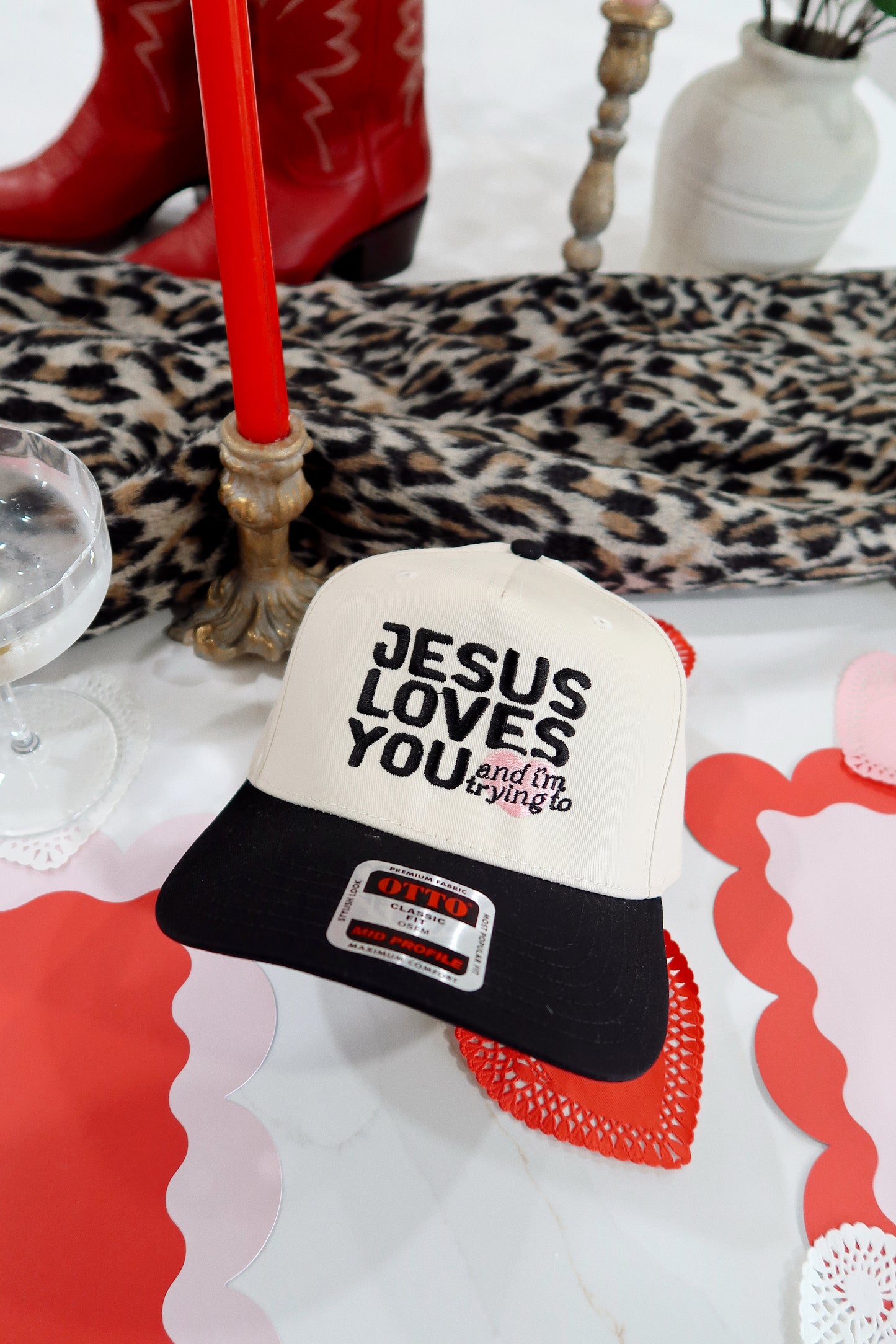 Jesus Loves You And I'm Trying To Black/Natural Embroidered Hat