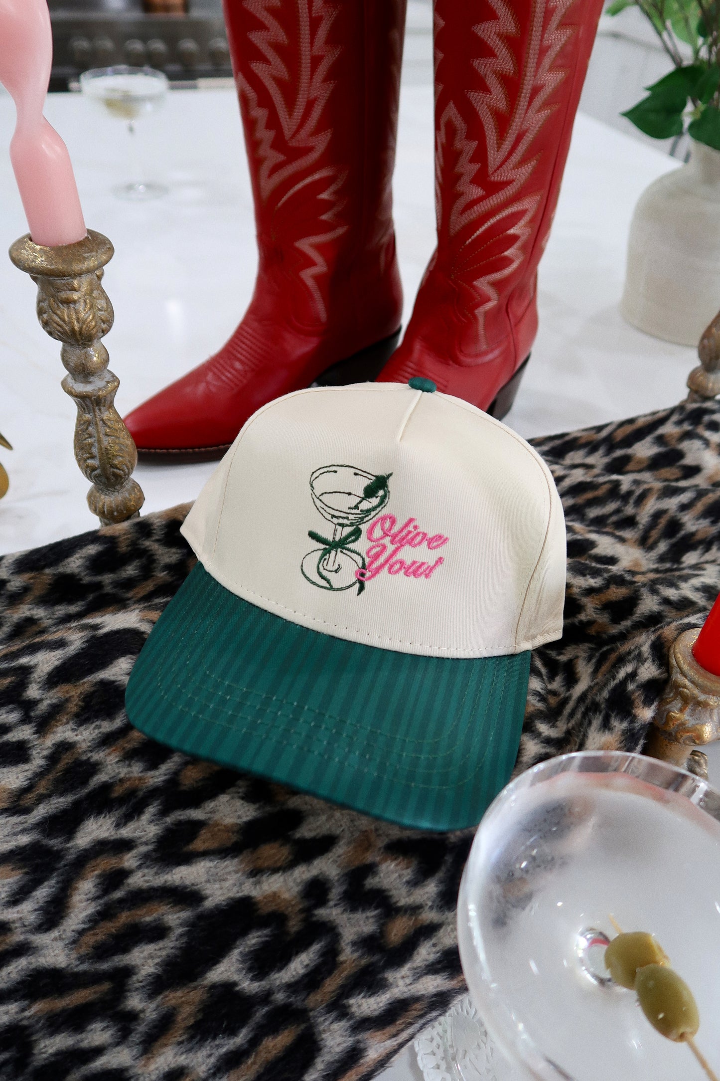 Olive You Green Striped Hat Embroidered Valentines Day Hat