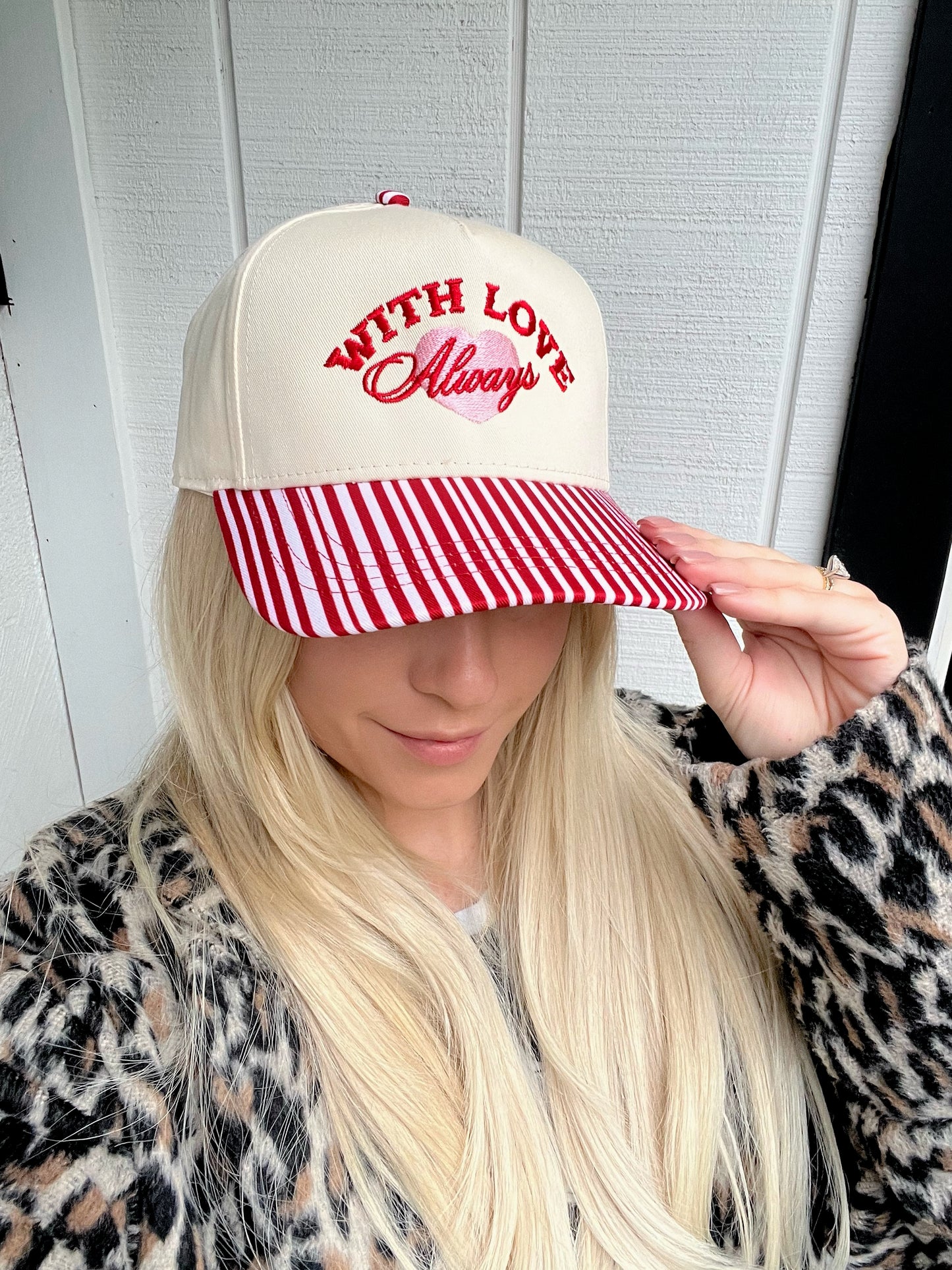 With Love Always Red Striped Embroidered Hat
