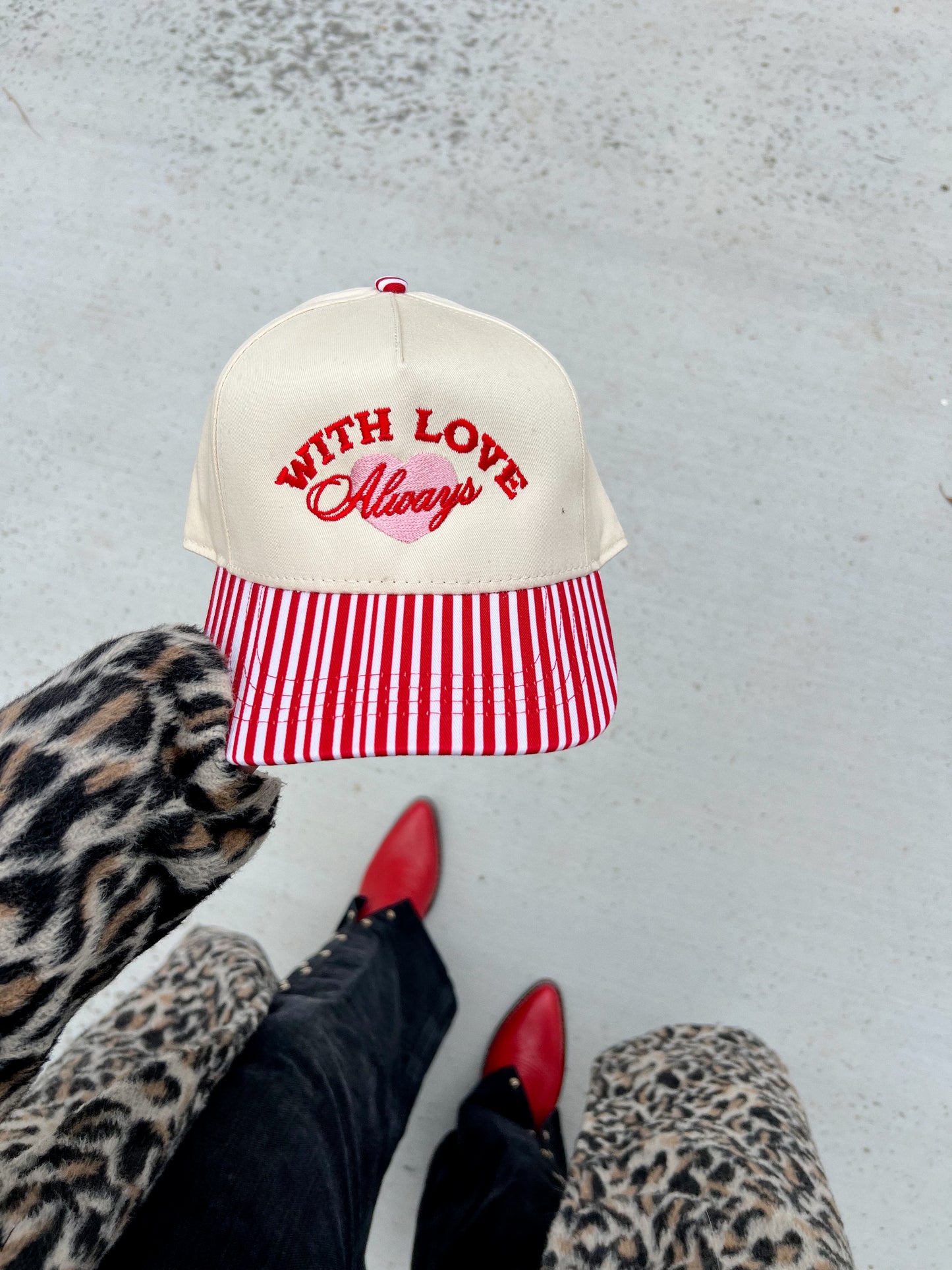 With Love Always Red Striped Embroidered Hat