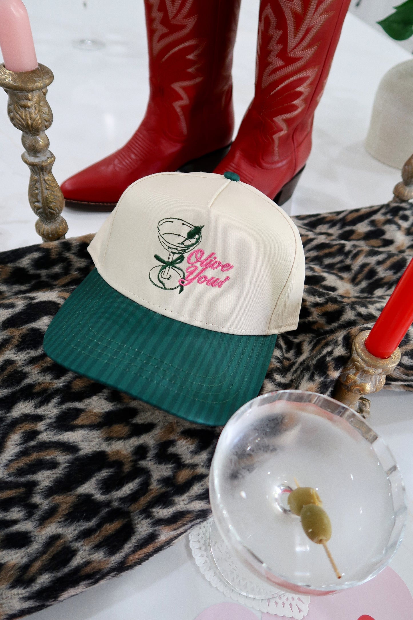 Olive You Green Striped Hat Embroidered Valentines Day Hat