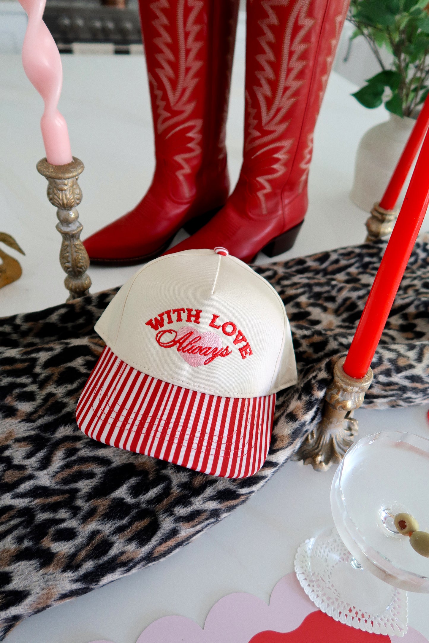 With Love Always Red Striped Embroidered Hat