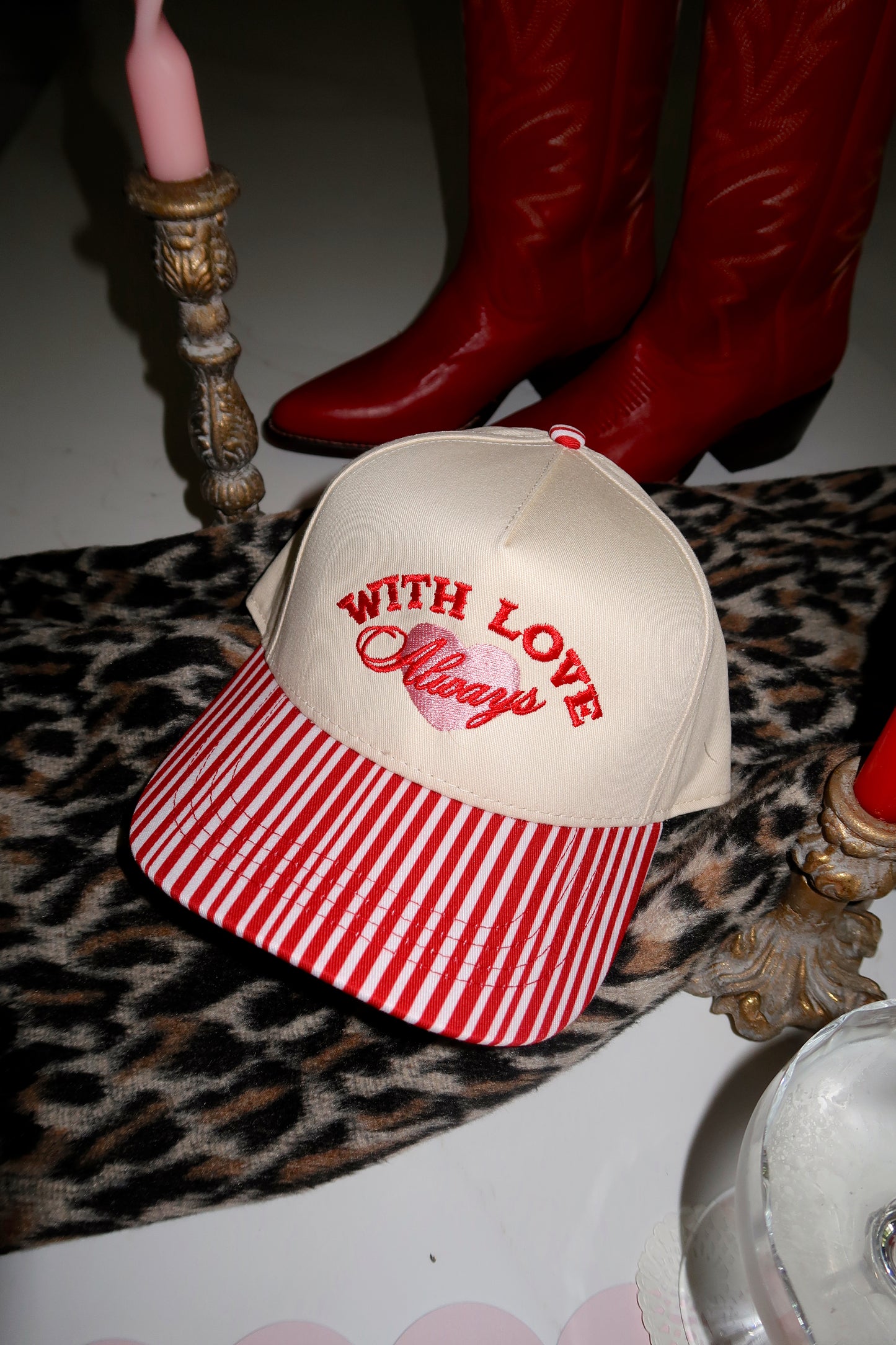 With Love Always Red Striped Embroidered Hat