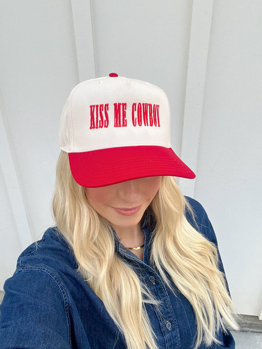 Kiss Me Cowboy- Red/Nat- Embroidered Hat