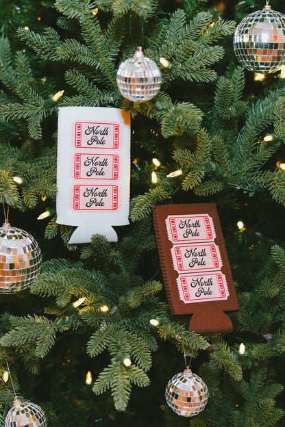 North Pole Admit One Holiday Can Cooler- Holiday Shop
