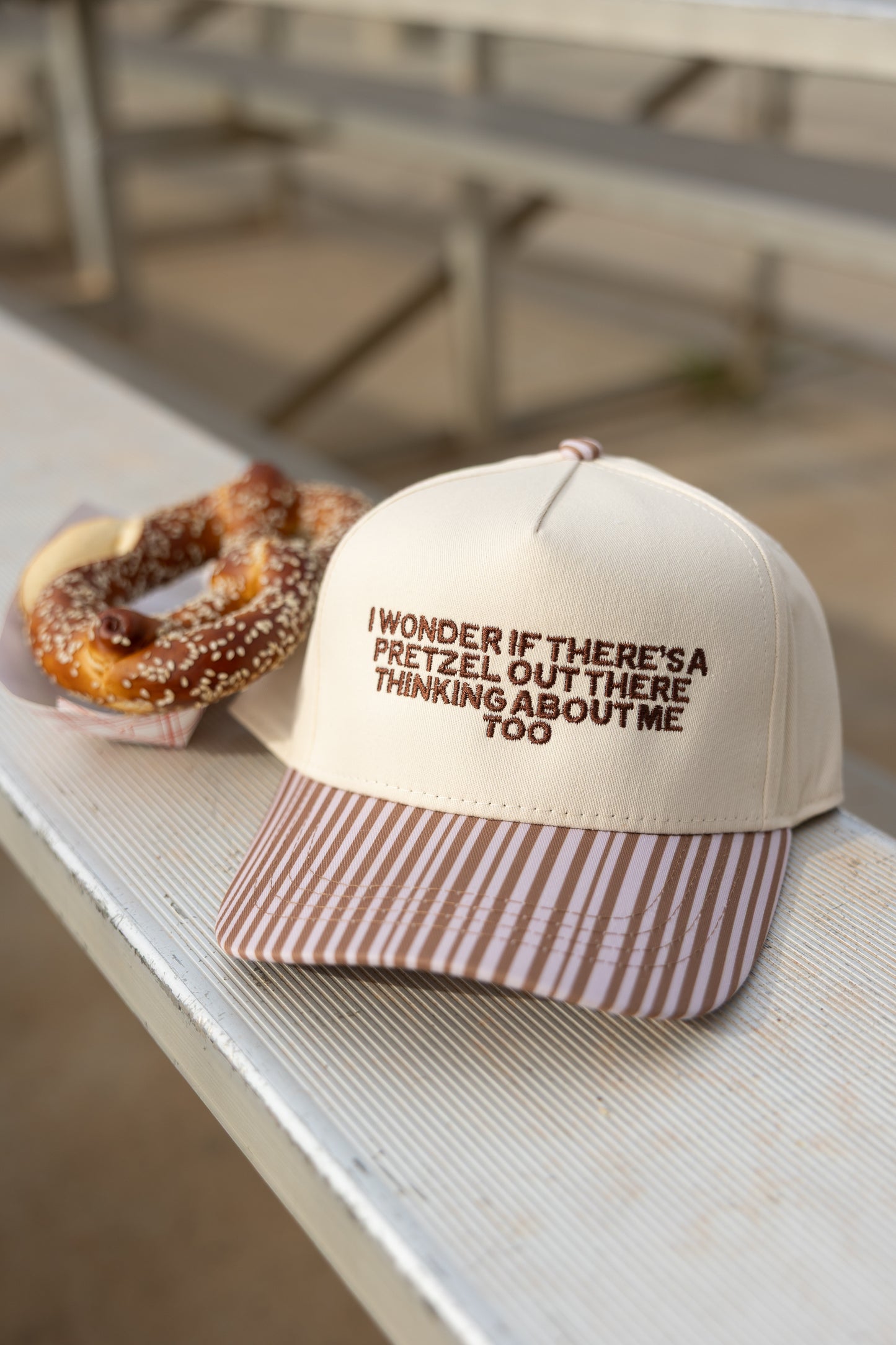 I Wonder If There Is A Pretzel Out There Thinking About Me Too Brown Stripe Hat