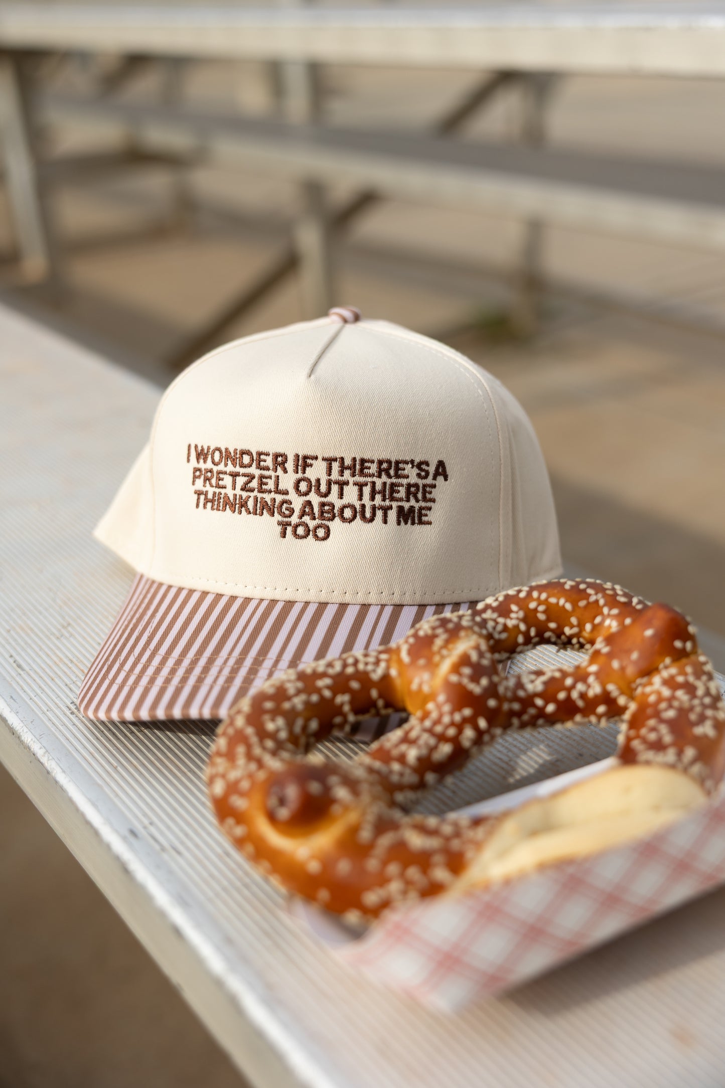 I Wonder If There Is A Pretzel Out There Thinking About Me Too Brown Stripe Hat