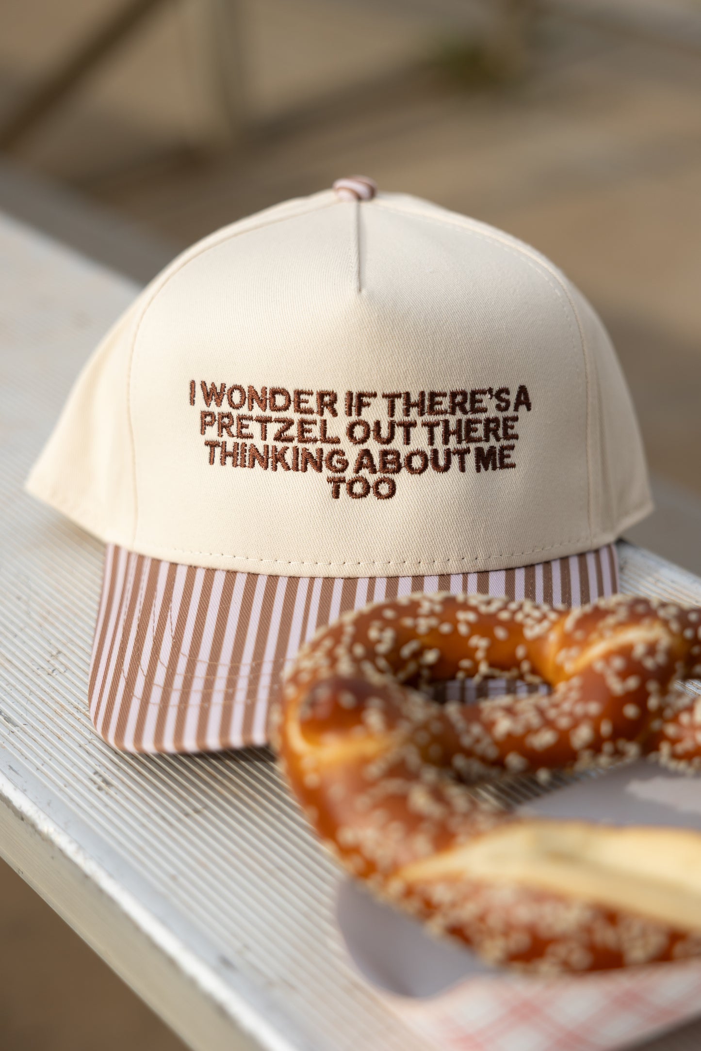 I Wonder If There Is A Pretzel Out There Thinking About Me Too Brown Stripe Hat