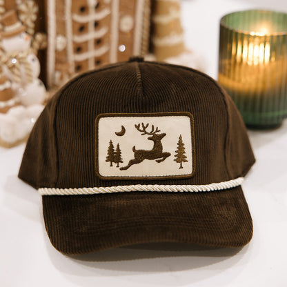 Brown Corduroy Reindeer Patch Hat