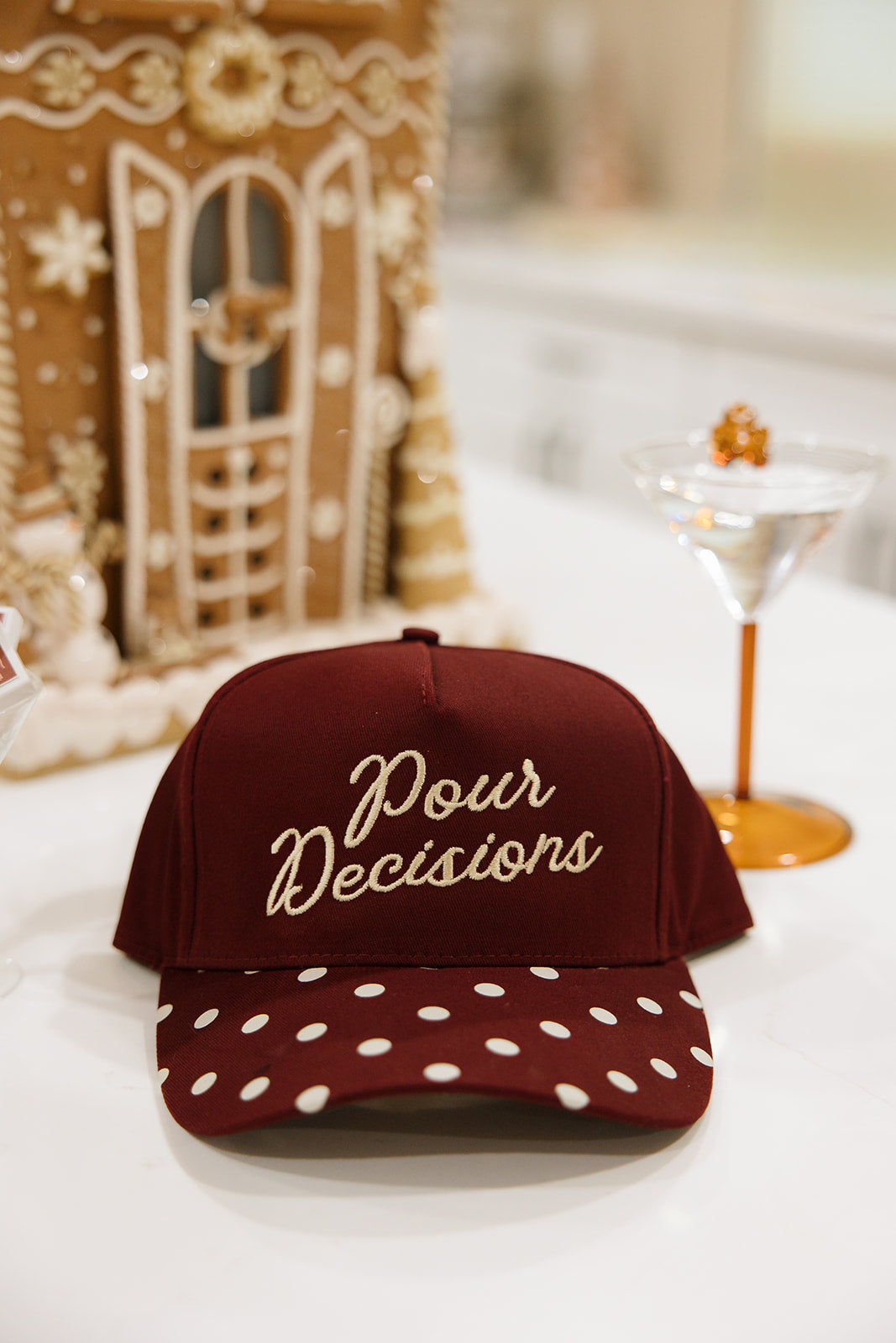 Pour Decisions Maroon Hat Cream Polka Dots