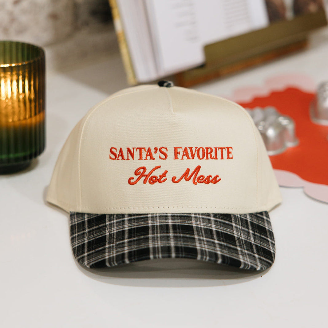Santa's Favorite Hot Mess Black Plaid Hat