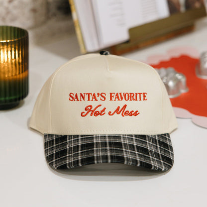 Santa's Favorite Hot Mess Black Plaid Hat