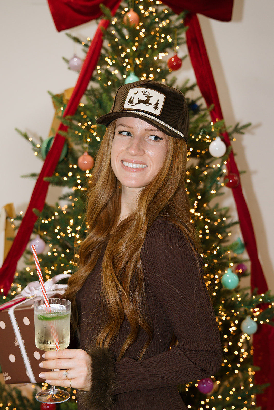 Brown Corduroy Reindeer Patch Hat
