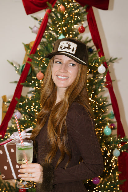 Brown Corduroy Reindeer Patch Hat
