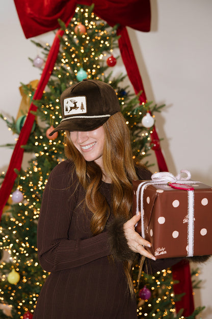 Brown Corduroy Reindeer Patch Hat