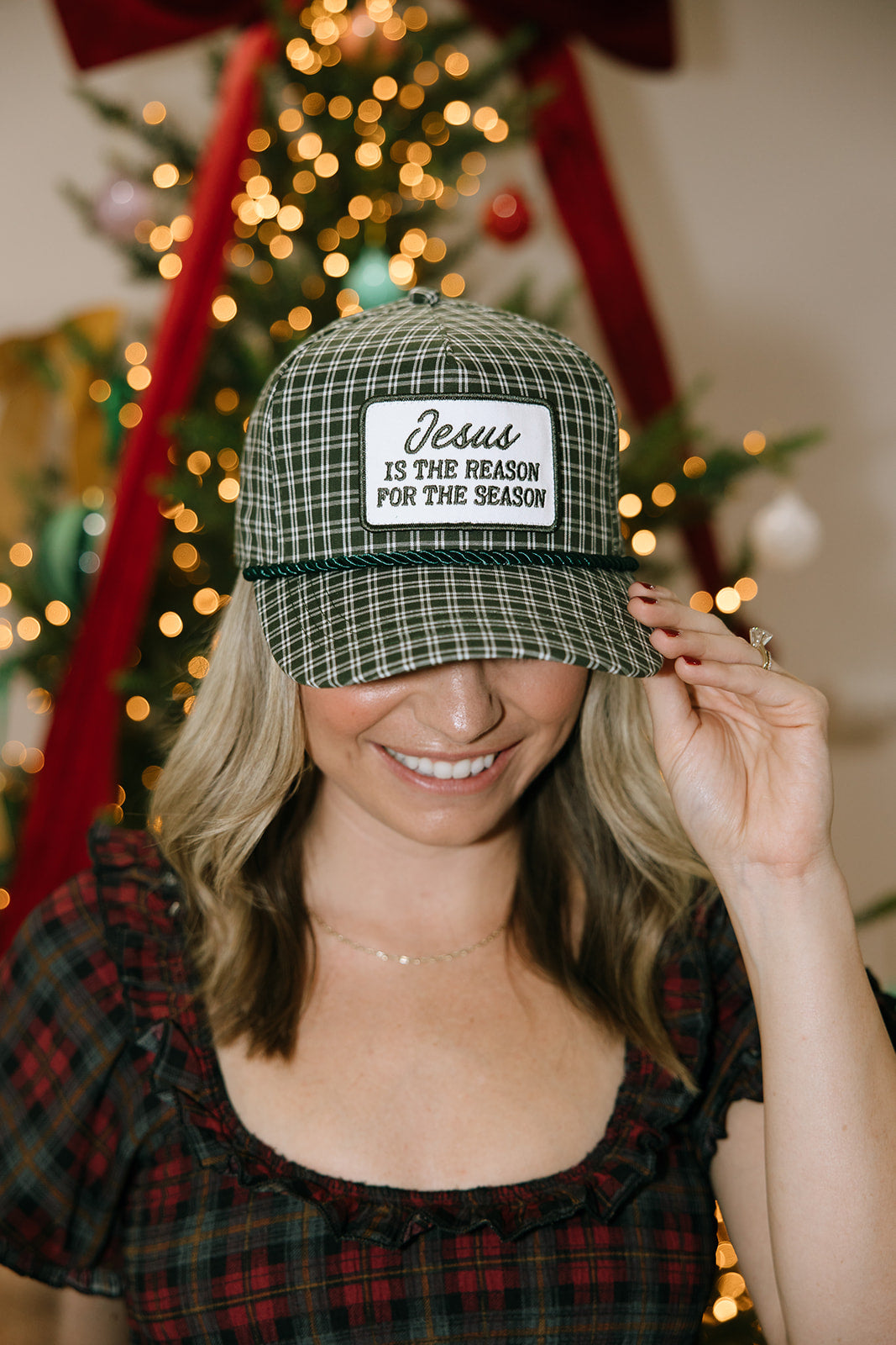 Jesus Is The Reason For The Season Dark Green Plaid Patch Hat