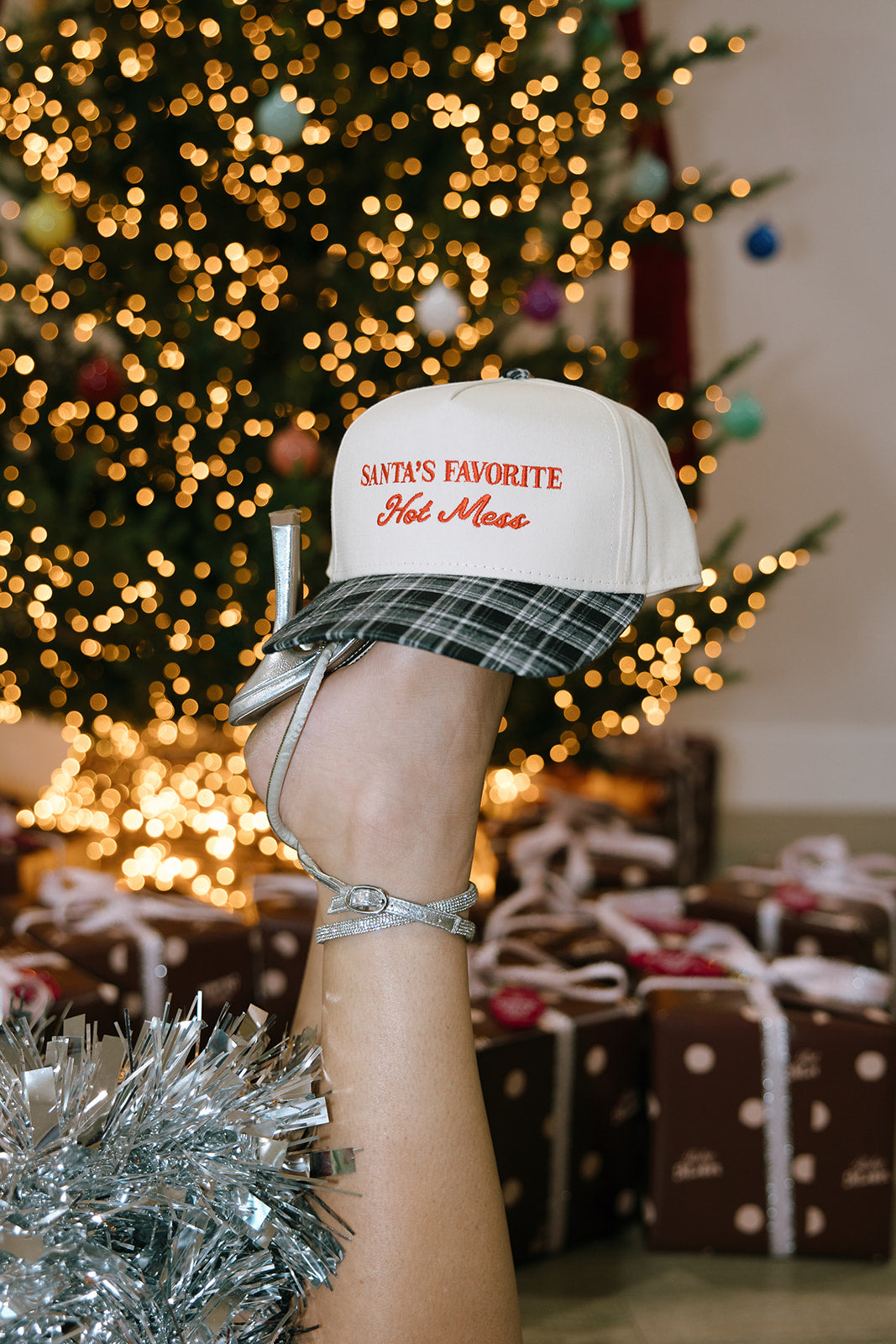 Santa's Favorite Hot Mess Black Plaid Hat