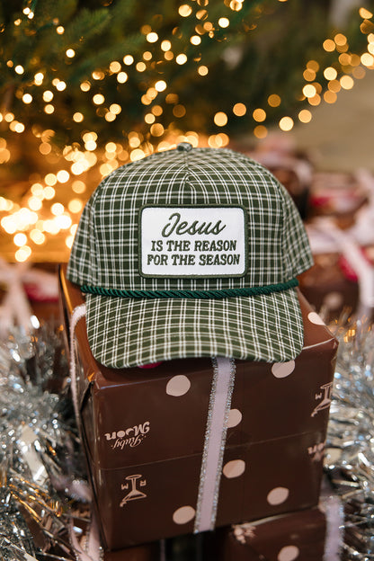Jesus Is The Reason For The Season Dark Green Plaid Patch Hat
