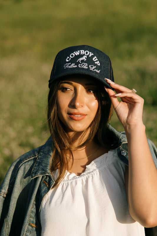Cowboy Up Follow The Lord Denim Hat