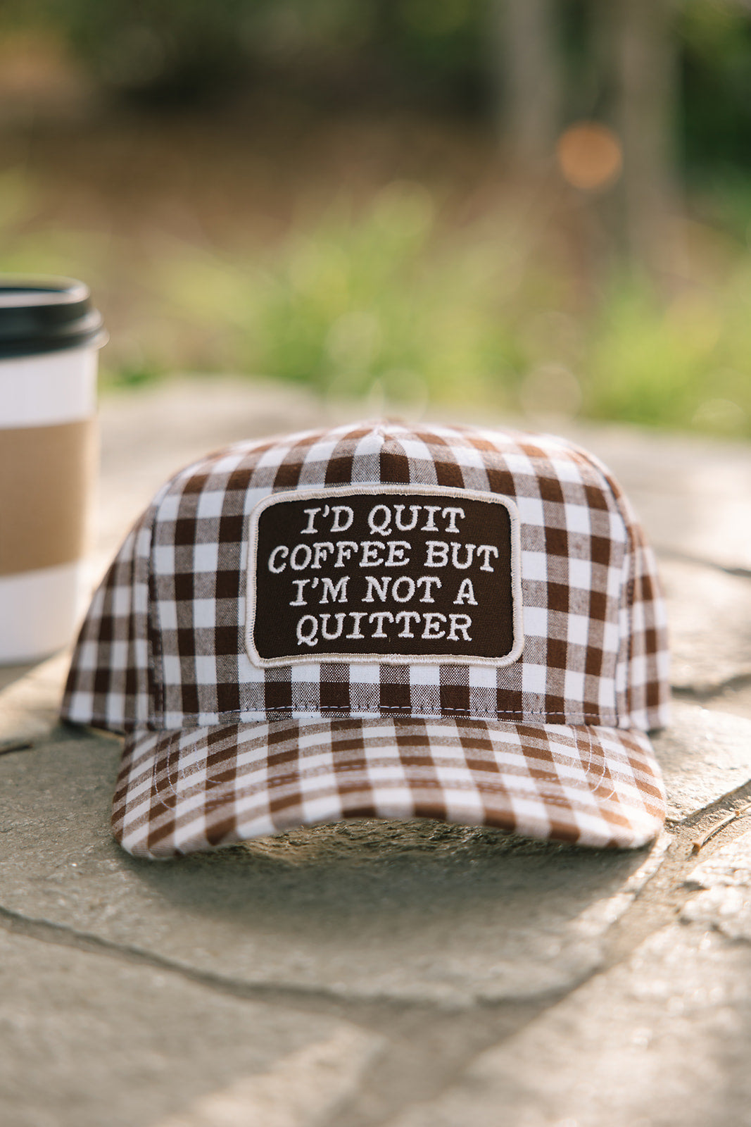 I'D Quit Coffee But I'm Not A Quitter Brown Gingham Patch Hat