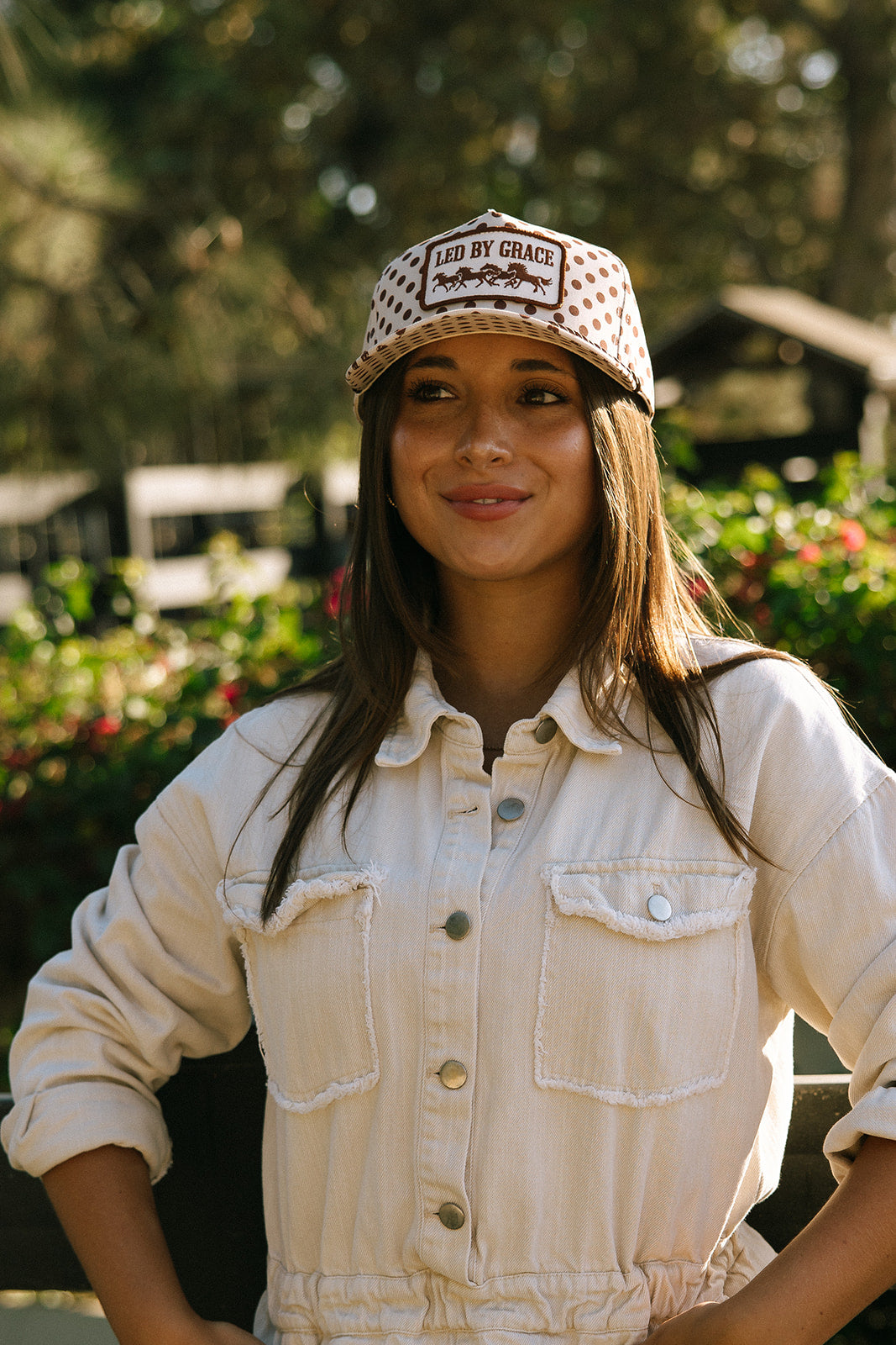 Led By Grace Cream & Brown Polka Dot Patch Hat Fall Collection