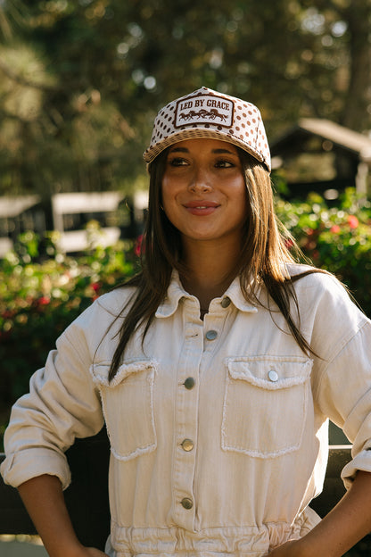Led By Grace Cream & Brown Polka Dot Patch Hat Fall Collection