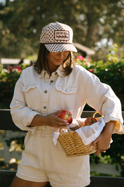 Led By Grace Cream & Brown Polka Dot Patch Hat Fall Collection