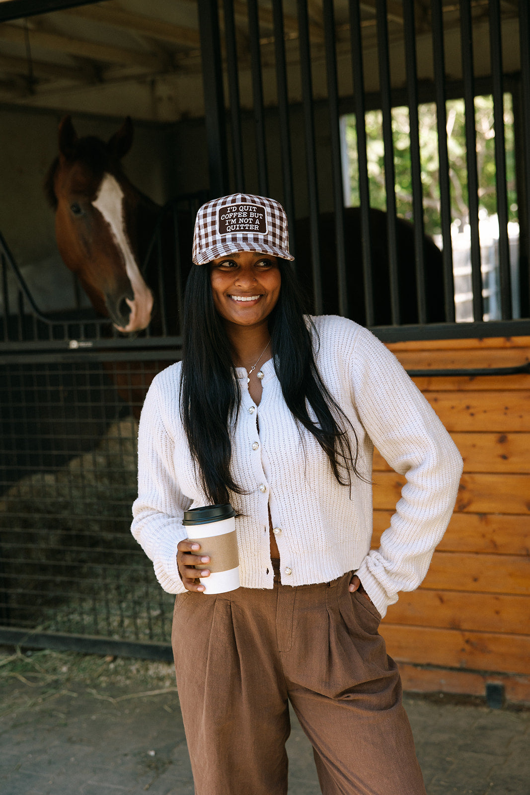 I'D Quit Coffee But I'm Not A Quitter Brown Gingham Patch Hat