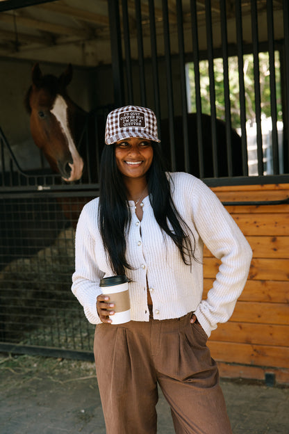 I'D Quit Coffee But I'm Not A Quitter Brown Gingham Patch Hat