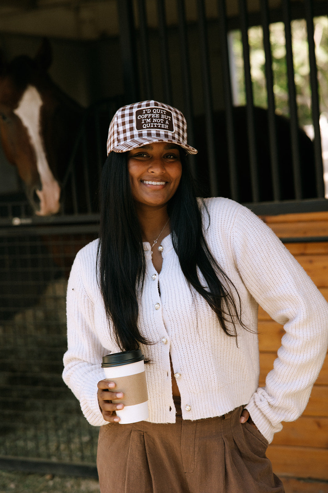 I'D Quit Coffee But I'm Not A Quitter Brown Gingham Patch Hat
