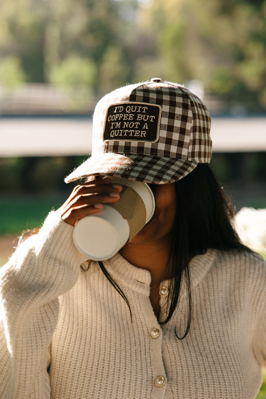 I'D Quit Coffee But I'm Not A Quitter Brown Gingham Patch Hat