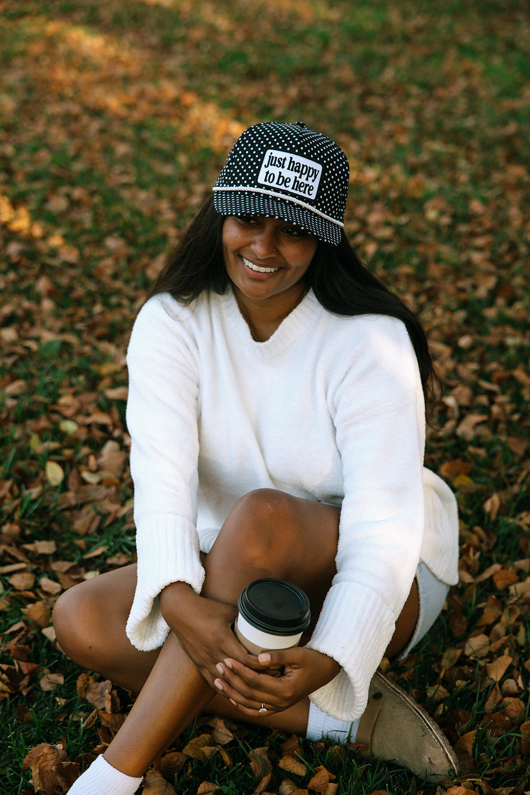 Just Happy To Be Here Black & White Polka Dot Patch Hat