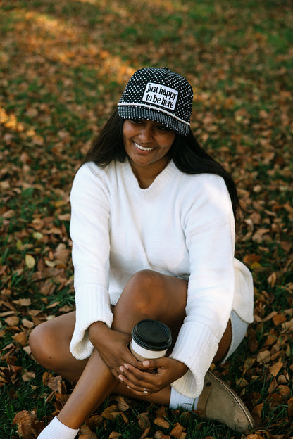 Just Happy To Be Here Black & White Polka Dot Patch Hat