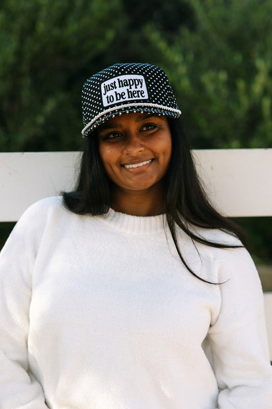 Just Happy To Be Here Black & White Polka Dot Patch Hat